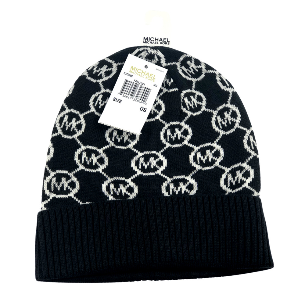 NWT MICHAEL KORS BLACK JET SET MK LOGO PRINT CALF BEANIE HAT SIZE 0/S